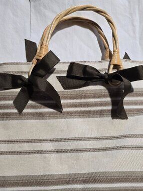 Handmade Striped Canvas Tote Bag - Ribbon Bow Accent & Woven Handles - Good Used